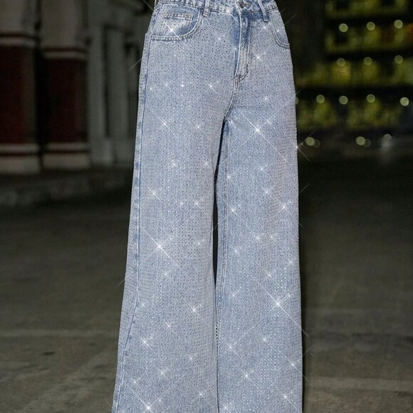 Light Wash Casual Women's Rhinestone Studded Low Waist Baggy Jeans with Glitter - Picture 6 of 6